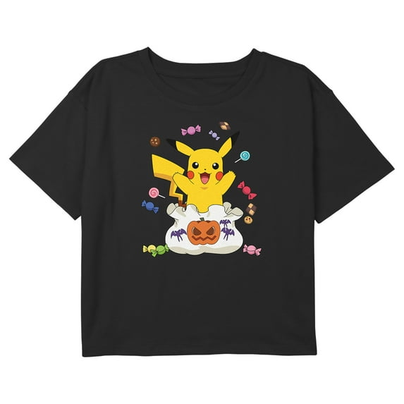 Girl's Pokemon Halloween Pikachu Candy Bag Graphic Cropped T-Shirt Black X Large
