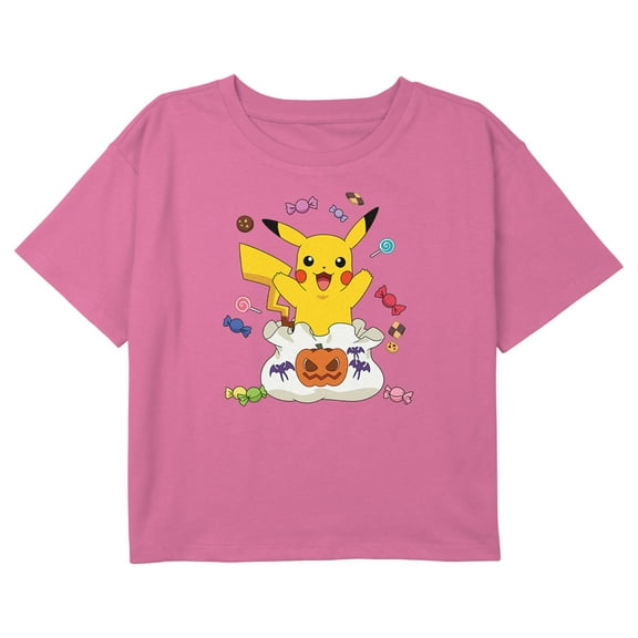 Girl's Pokemon Halloween Pikachu Candy Pumpkin Bag Graphic Cropped T-Shirt Light Pink X Large