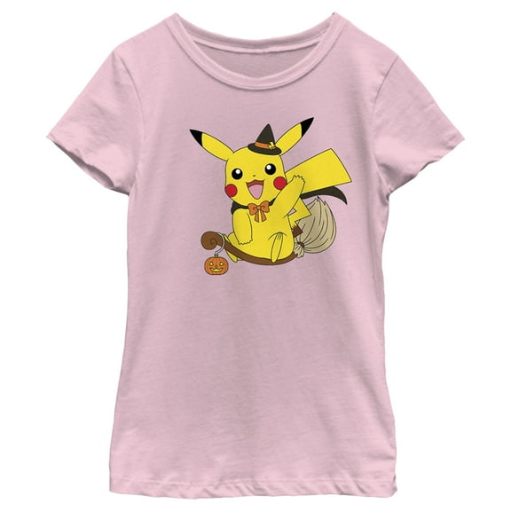 Girl's Pokemon Halloween Pikachu Witch Costume Graphic Tee Light Pink Medium