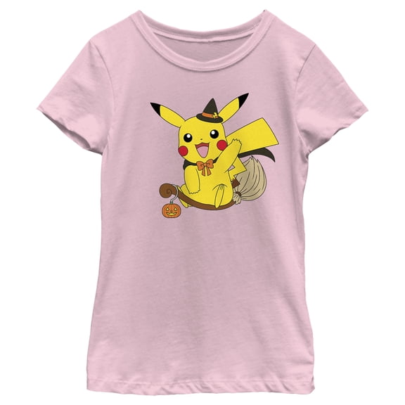 Girl's Pokemon Halloween Pikachu Witch Costume Graphic Tee Light Pink Small