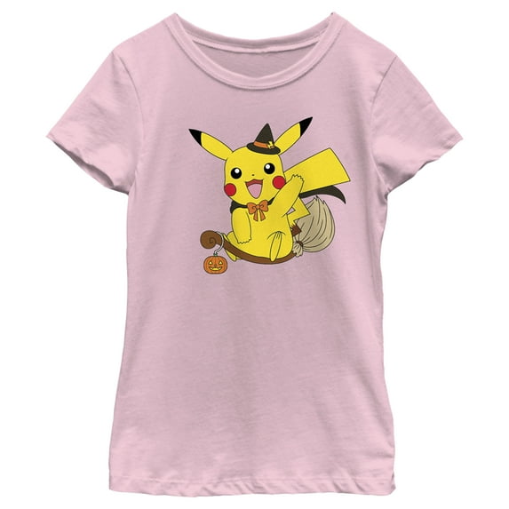 Girl's Pokemon Halloween Pikachu Witch Costume Graphic Tee Light Pink Small