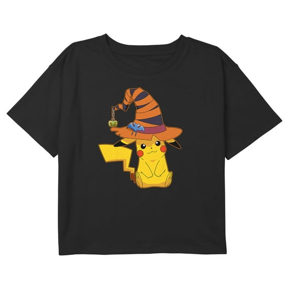 Girl's Pokemon Halloween Pikachu Witch Hat Graphic Cropped T-Shirt Black X Large