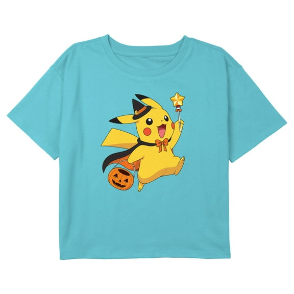 Girl's Pokemon Halloween Pikachu Wizard Graphic Cropped T-Shirt Blue X Small