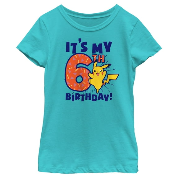 Girl's Pokemon It’s My 6th Birthday Pikachu Graphic Tee Tahiti Blue Small