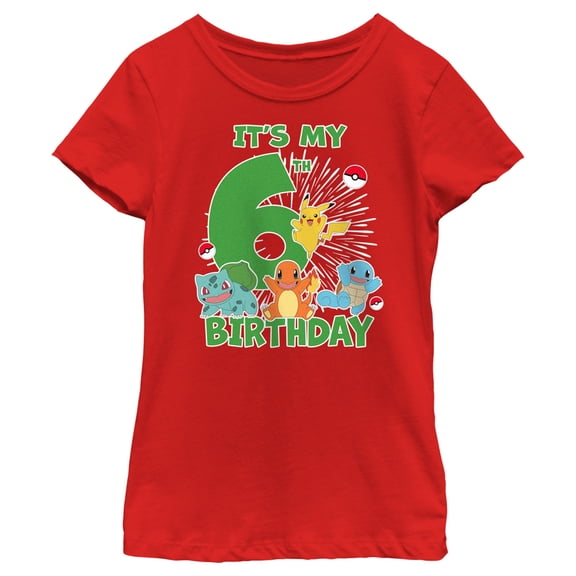 Girl's Pokemon It's My 6th Birthday Starters Graphic Tee Red X Small