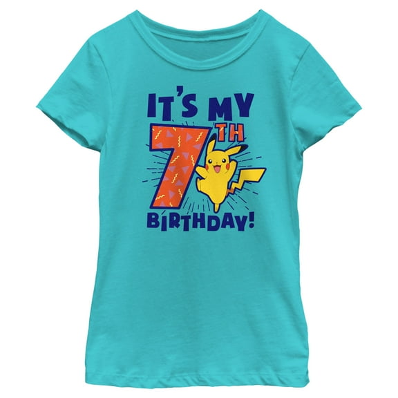 Girl's Pokemon It’s My 7th Birthday Pikachu Graphic Tee Tahiti Blue Large