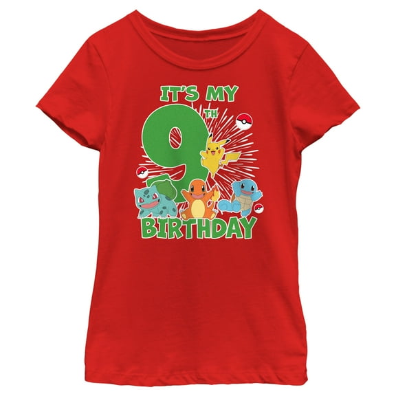 Girl's Pokemon It's My 9th Birthday Starters  Graphic Tee Red Medium