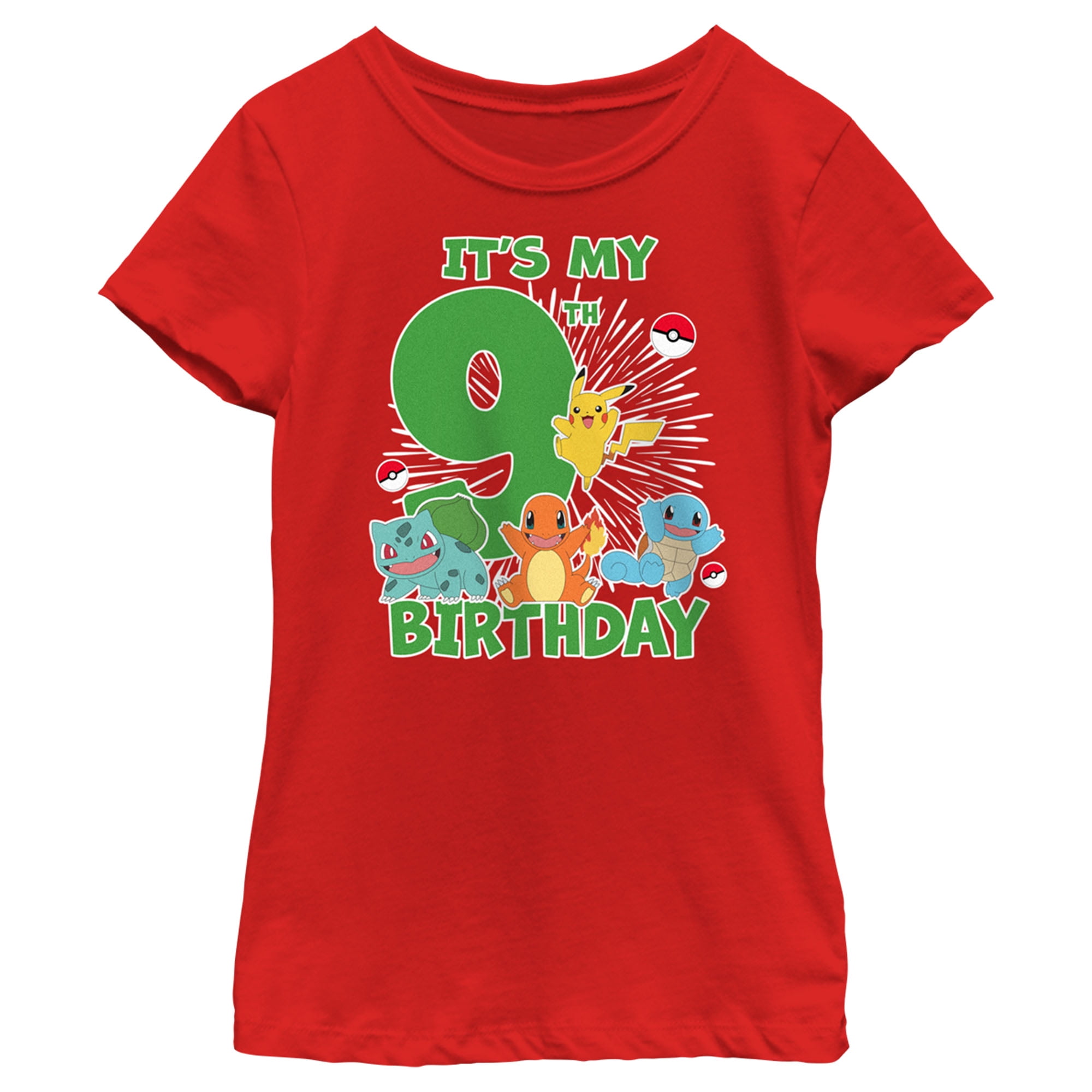 Girl's Pokemon It's My 9th Birthday Starters Graphic Tee Red X
