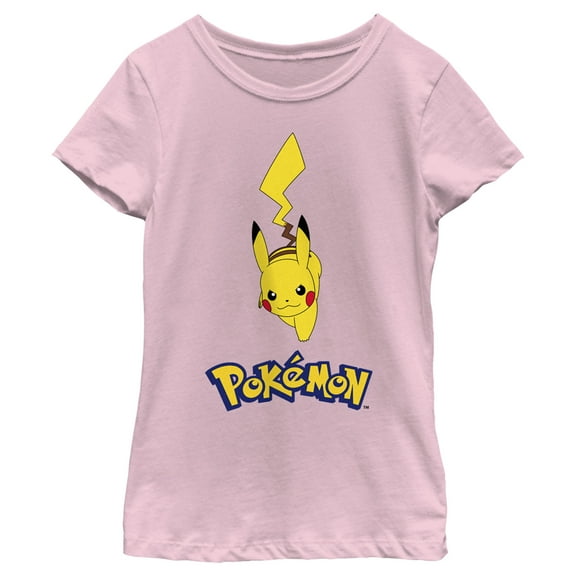 Girl's Pokemon Logo Running Pikachu  Graphic Tee Light Pink Medium