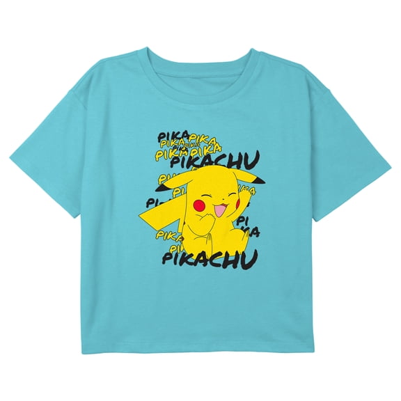 Girl's Pokemon Pikachu Pika Pika Laughing Graphic Cropped T-Shirt Blue Large