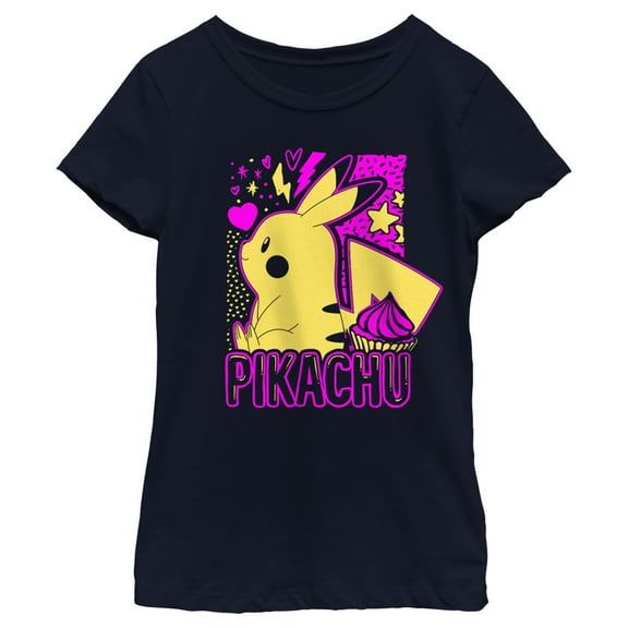 Girl's Pokemon Pikachu Sweet Cupcake Neon  Graphic Tee Navy Blue X Small