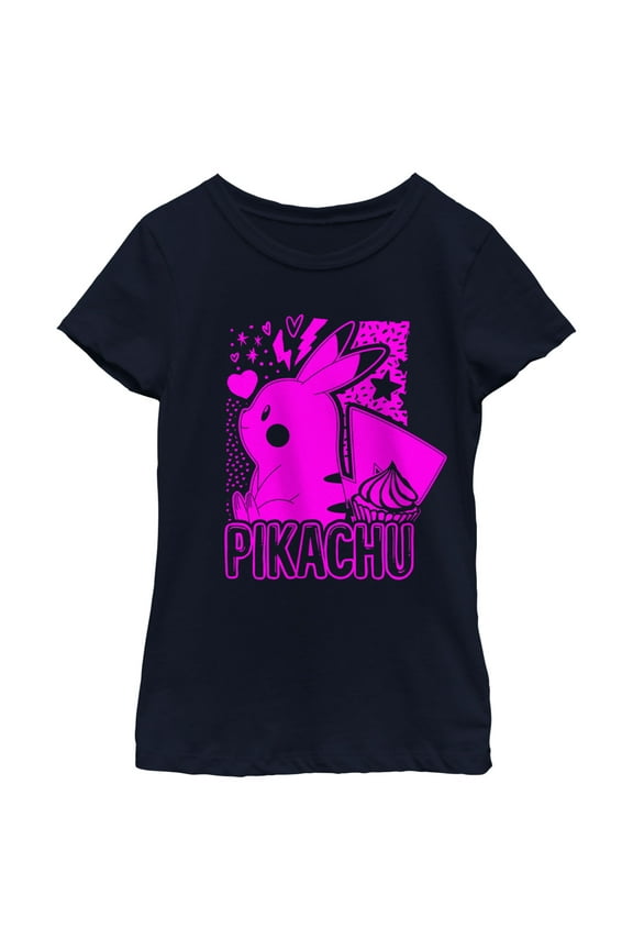 Girl's Pokemon Pikachu Sweet Pink Neon Graphic Tee Navy Blue Medium