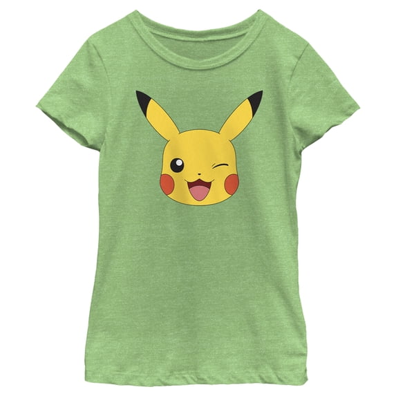 Girl's Pokemon Pikachu Wink Face Graphic Tee Green Apple Large