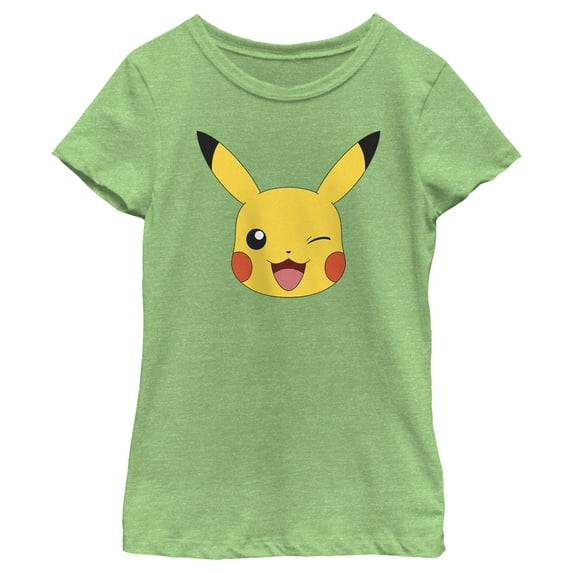 Girl's Pokemon Pikachu Wink Face Graphic Tee Green Apple X Large