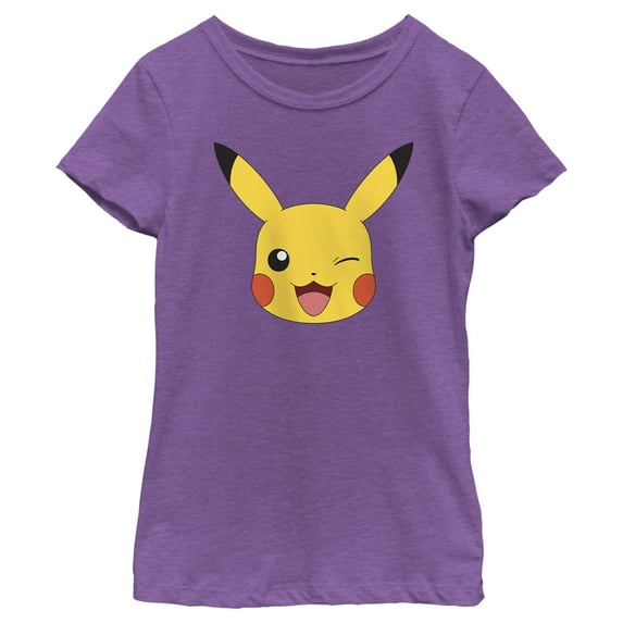 Girl's Pokemon Pikachu Wink Face Graphic Tee Purple Berry Large