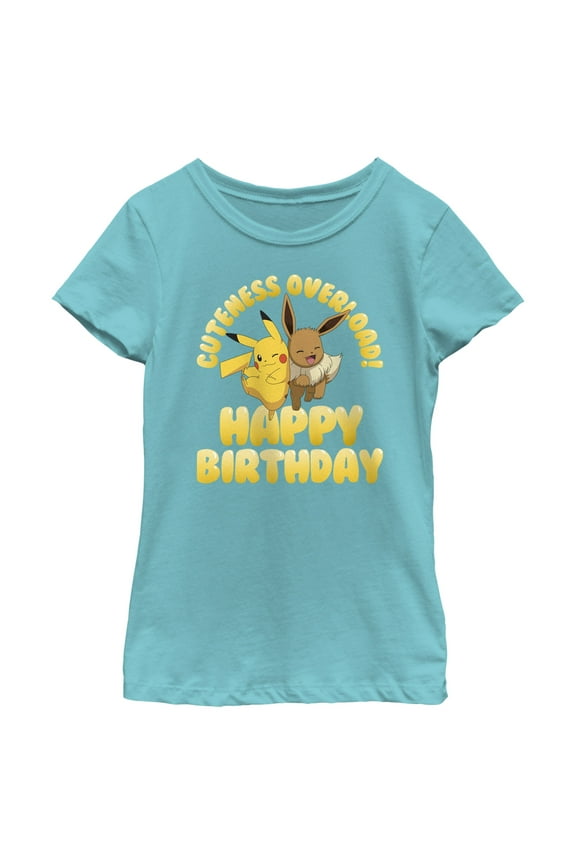 Girl's Pokemon Pikachu and Eevee Cuteness Overload Happy Birthday  Graphic Tee Tahiti Blue Small