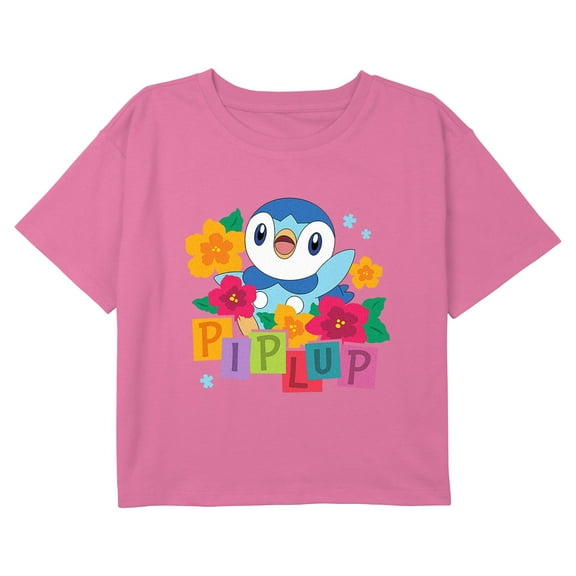 Girl's Pokemon Piplup Floral Graphic Cropped T-Shirt