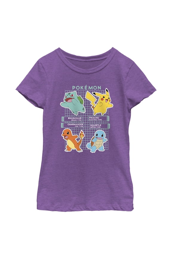 Girl's Pokemon Starters Grid Pokedex Graphic Tee Purple Berry Large