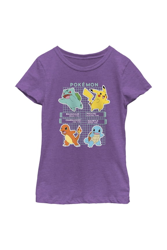 Girl's Pokemon Starters Grid Pokedex Graphic Tee Purple Berry Medium