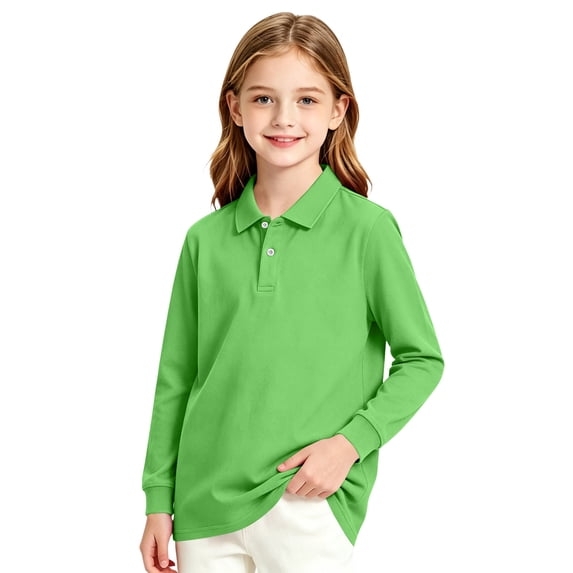 Girl's Polo Shirt Long Sleeve School Uniform Stretch Pique Polo Shirts Green,9-10 Years