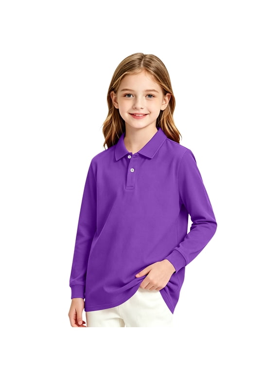 Girl's Polo Shirt Long Sleeve School Uniform Stretch Pique Polo Shirts Purple,2-3 Years