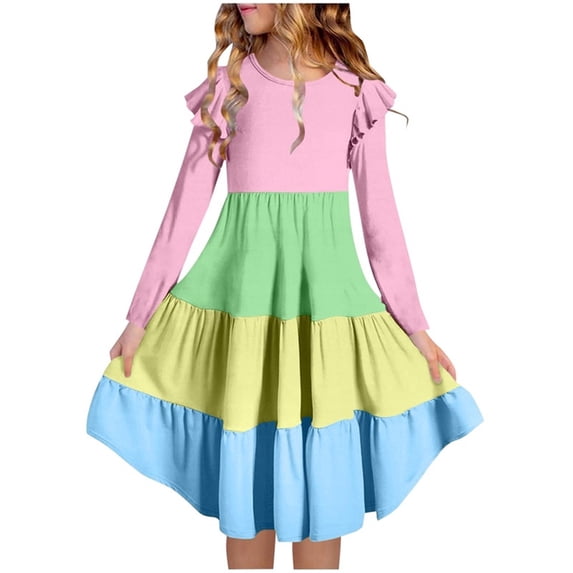 Girl's Printed Dresses Ruffle Sleeve Tiered Swing A-Line Cute Midi Casual Sundress