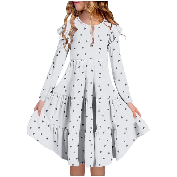 Girl's Printed Dresses Ruffle Sleeve Tiered Swing A-Line Cute Midi Casual Sundress