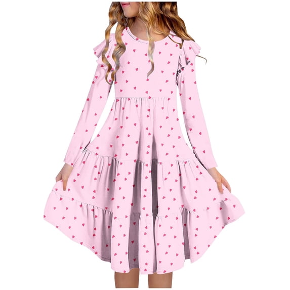 Girl's Printed Dresses Ruffle Sleeve Tiered Swing A-Line Cute Midi Casual Sundress