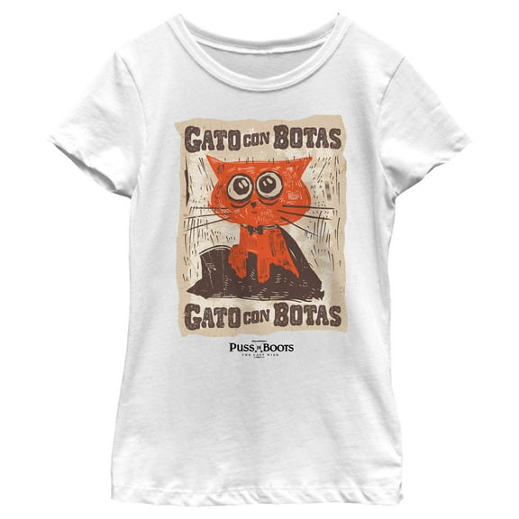 Girl's Puss in Boots: The Last Wish Gato Con Botas Poster  Graphic Tee White Medium