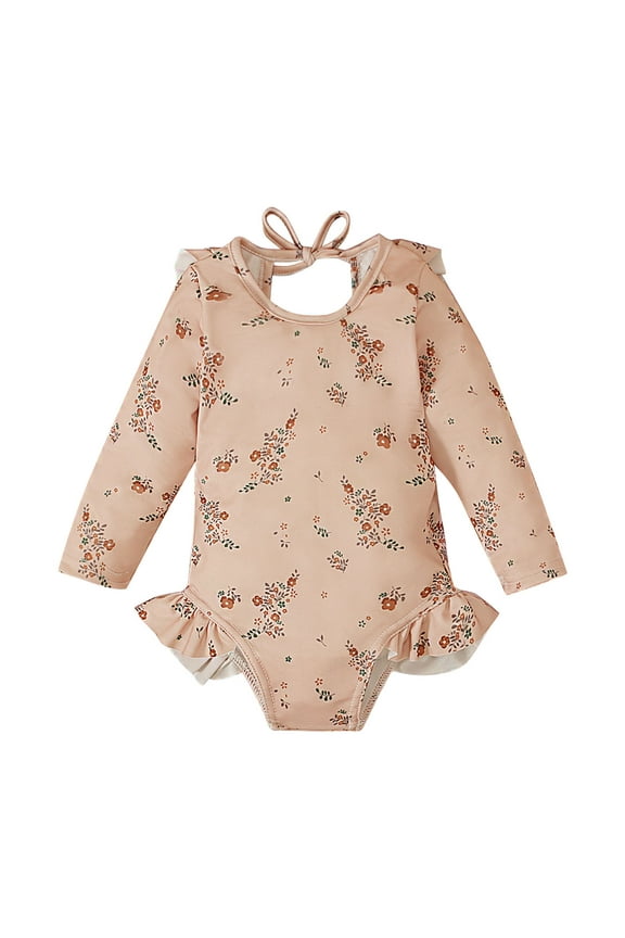 Girl's Rash Guard Swimming Suits Long Sleeve One Piece Toddler Baby Bathing Suit Ruffle Butt Tie Back Trendy Beachwear Beige, 4 Years