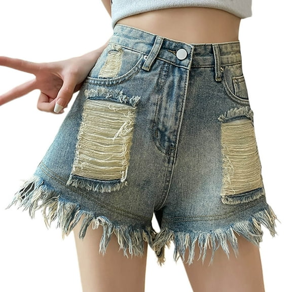 Girl's Raw Hem Denim Shorts Distressed High Waist Straight Leg with Rolled Cut Off Design