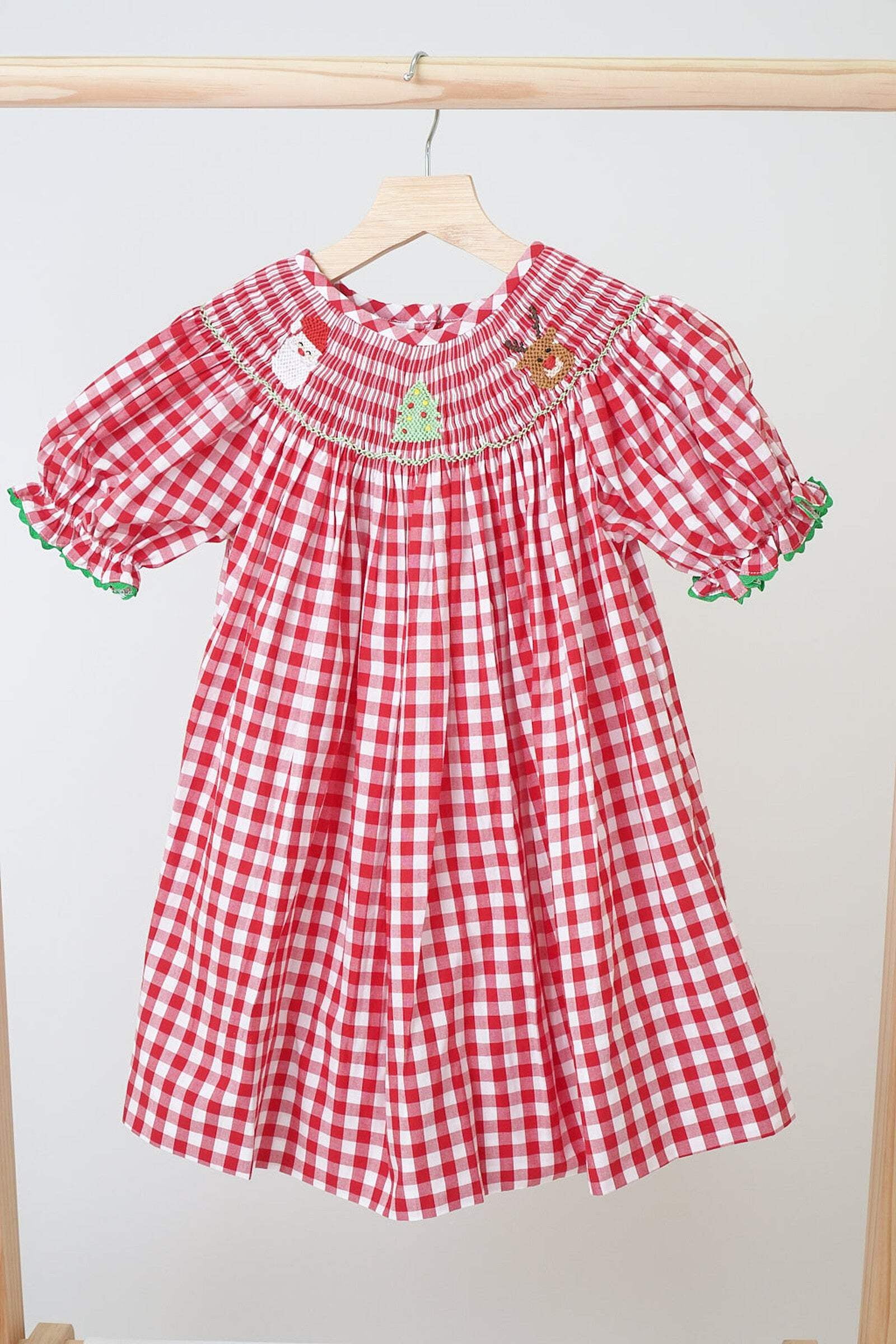 Petit Bebe Girls Red Gingham Smocked Christmas Tree Bishop Dress main image 0