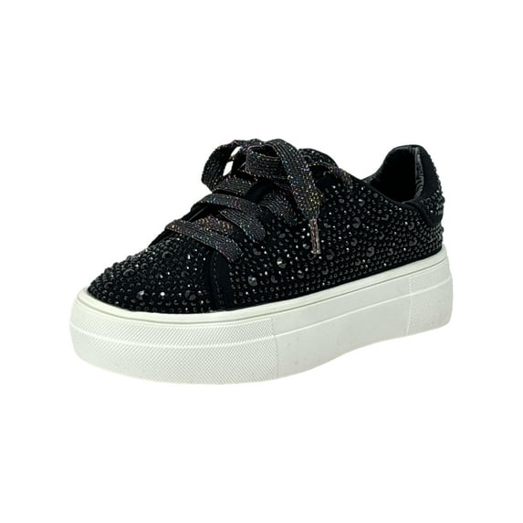 Girl's Rhinestone Flat Bling Fashion Tennis Sneakers Sidny Sneaker Black, 10 Toddler