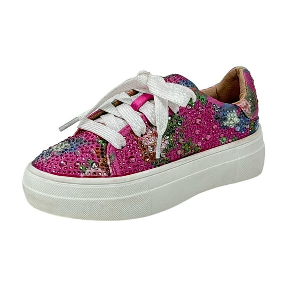Girl's Rhinestone Flat Bling Fashion Tennis Sneakers Sidny Sneaker Fuchsia/Multi, 1 Little Kid