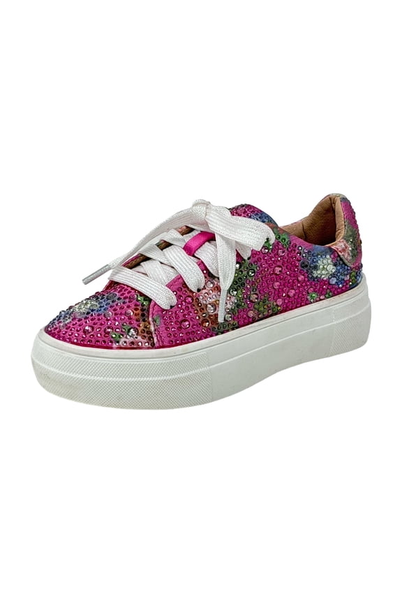 Girl's Rhinestone Flat Bling Fashion Tennis Sneakers Sidny Sneaker Fuchsia/Multi, 11 Little Kid