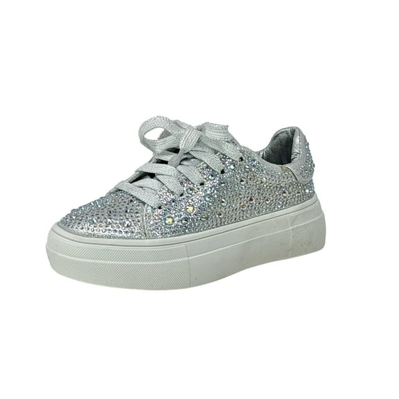 Girl's Rhinestone Flat Bling Fashion Tennis Sneakers Sidny Sneaker Silver, 4 Big Kid