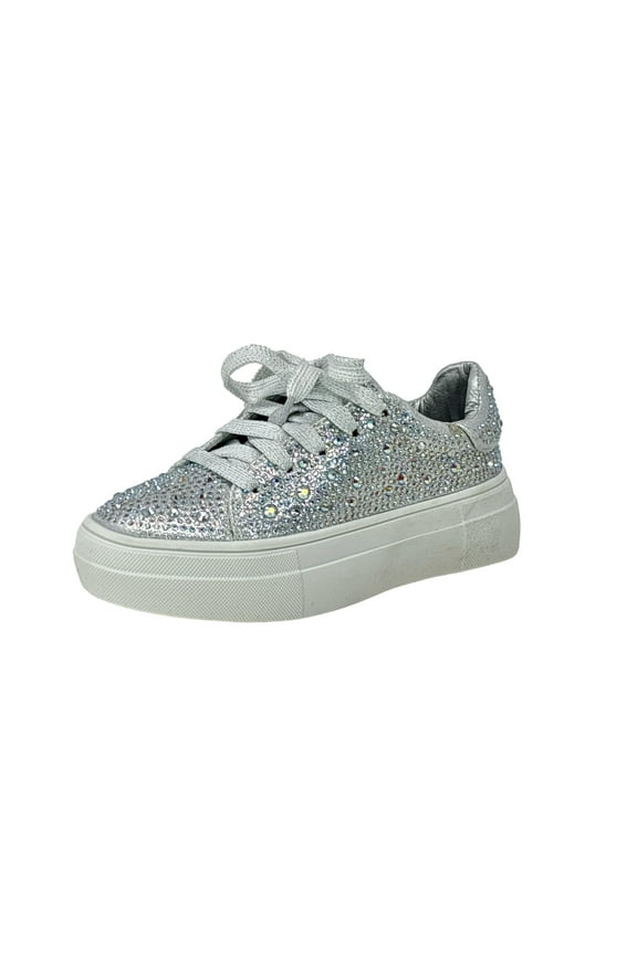 Girl's Rhinestone Flat Bling Fashion Tennis Sneakers Sidny Sneaker Silver, 4 Big Kid