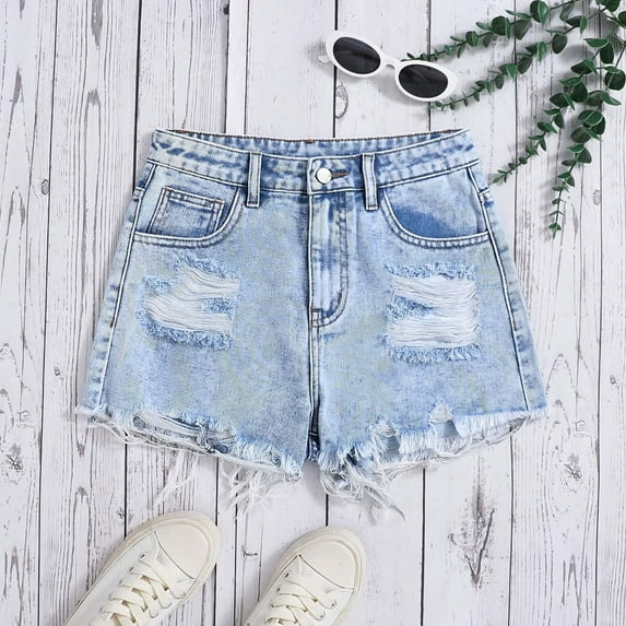 Girl's Ripped Raw Hem Denim Shorts (Blue_3 15-16 Years)
