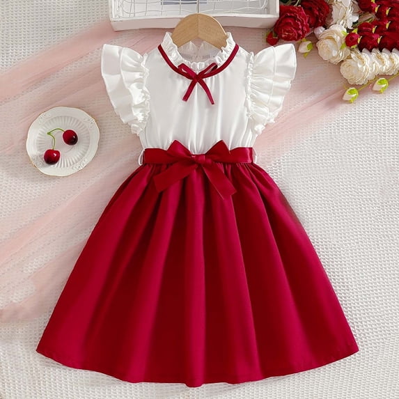 Girl's Ruffle Trim Sleeve Casual Vintage Midi Dress with Pockets for Kids Red 3-4 Years