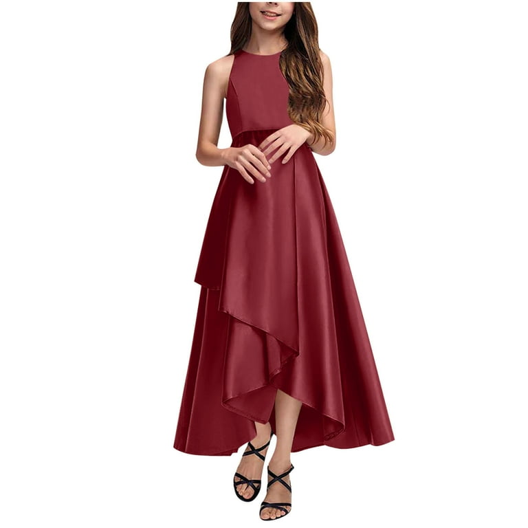 Girl's Satin Gowns, Long Flowy Dresses Asymmetrical Ruffles Hem - Main Image