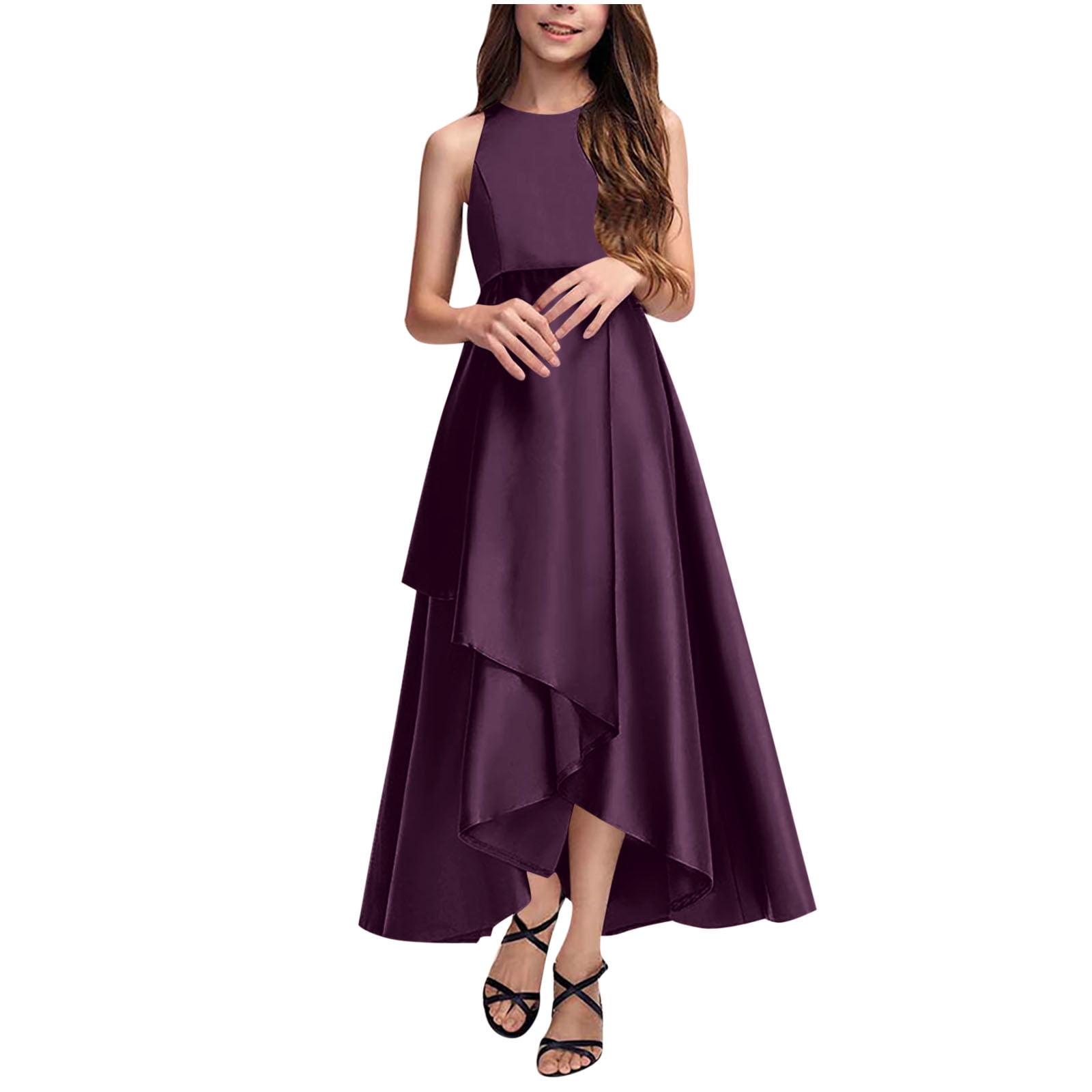 gienakse Girl's Satin Gowns, Long Flowy Dresses Asymmetrical Ruffles Hem, Sleveless Party Performance Gowns A-Line Maxi Dresses Cute Dresses for Child