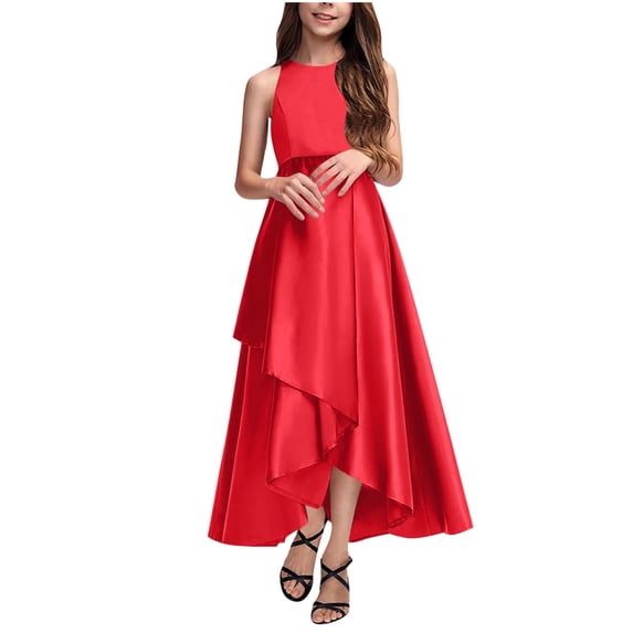 Girl's Satin Gowns, Long Flowy Dresses Asymmetrical Ruffles Hem, Sleveless Party Performance Gowns A-Line Maxi Dresses Kids Christmas Dress 10-11Y