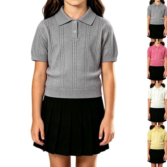 Girl's School Uniform Knit Polo Shirt Slim Fit Collared Short Sleeve Golf Shirt Summer Casual Solid Back to School Clothes Gray,5‑7 Years