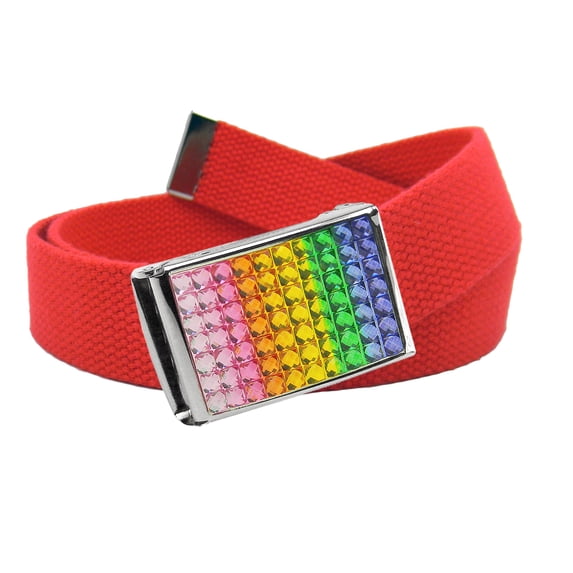 Girl's School Uniform Sparkly Rainbow Crystal Flip Top Buckle with Canvas Web Belt Medium Red