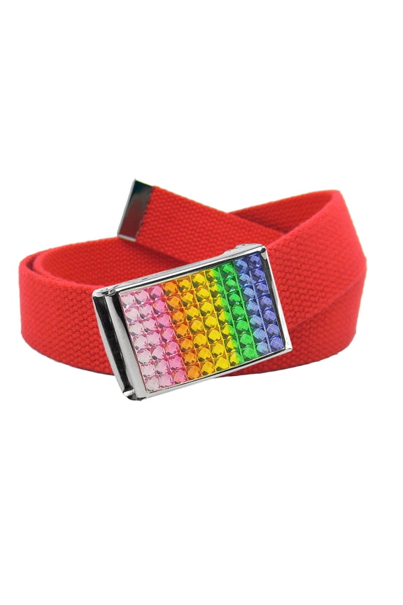Girl's School Uniform Sparkly Rainbow Crystal Flip Top Buckle with Canvas Web Belt Small Red