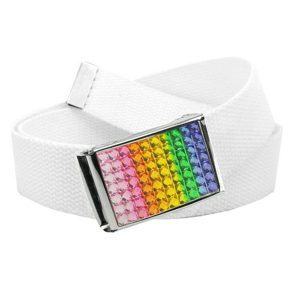 Girl's School Uniform Sparkly Rainbow Crystal Flip Top Buckle with Canvas Web Belt Small White