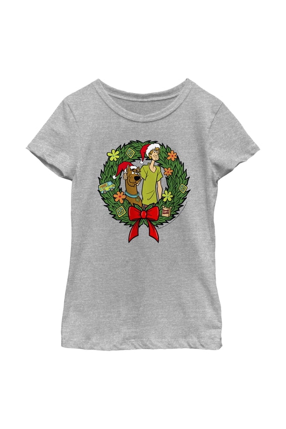 Girl's Scooby Doo Christmas Shaggy and Scooby Wreath Graphic Tee Athletic Heather X Large