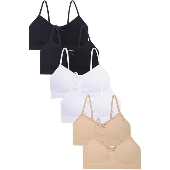Girl's Seamless Training Bra with Removable pads, Black/L.Beige/White, S/M, 6-Pack