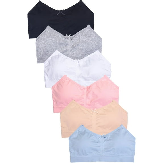 Girl's Seamless Training Bra with Removable pads, White/Black/H.Grey/Beige/L.Blue/Pink, S/M, 6-Pack