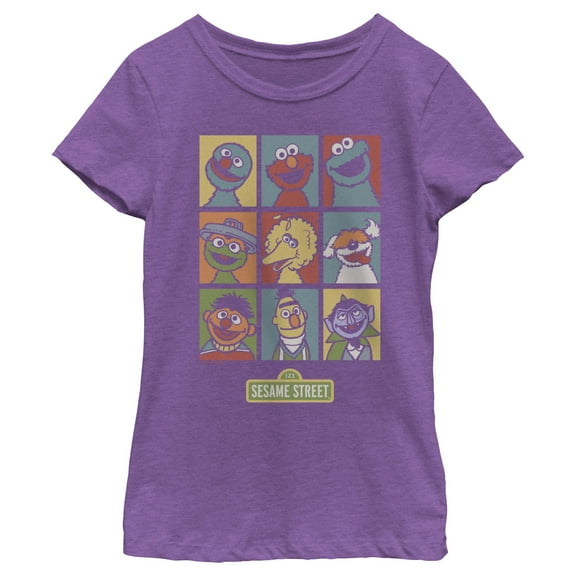 Girl's Sesame Street 9 Panel Puppet Grid Graphic T-Shirt